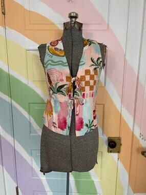 Paper Heart Linen Blend Tie Front Vest Pink Tropical Fruit Print Small